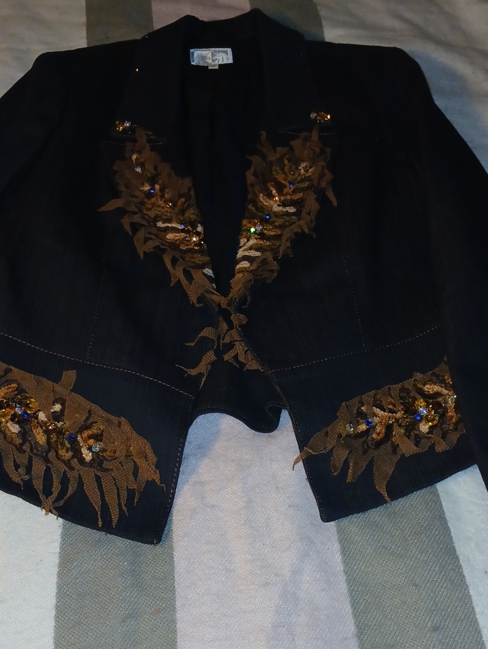 Alberto Makali Black Jacket with Brown Leaf Appliqué and Sequin Accents